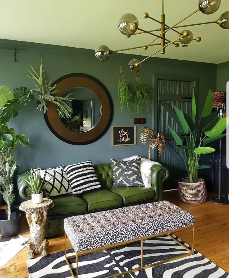 Emerald Living Room with Layered Jungle Foliage