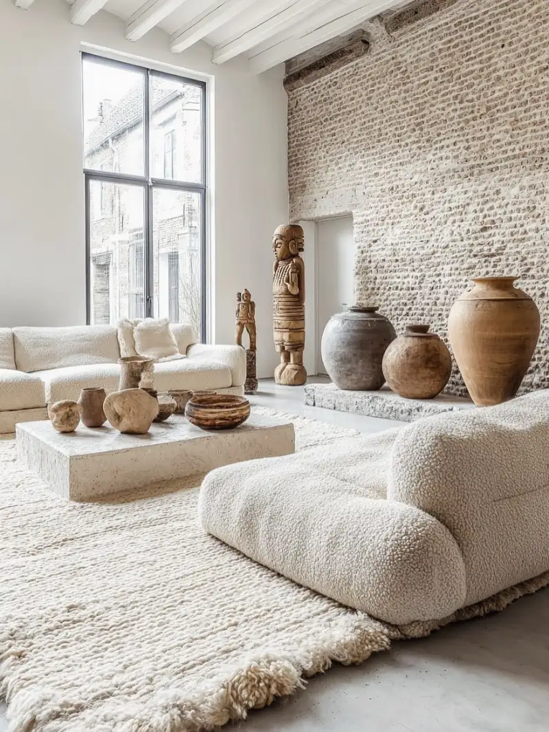 Exposed Brick Accent Wall with Low Bouclรฉ Seating and Collection of Earthenware Jars