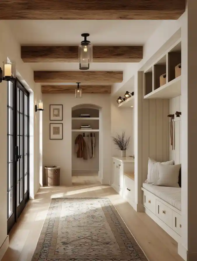 Exposed Ceiling Beams with an Integrated Mudroom Bench Alcove