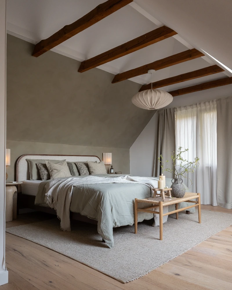 Exposed Wood Beam Ceiling with Sculptural Pendant and Calm Nordic Layers