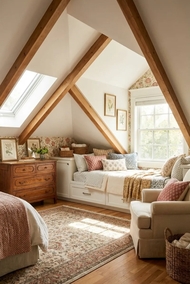 Exposed Wooden Beams with Built-In Daybed and Vintage Floral Wallpaper