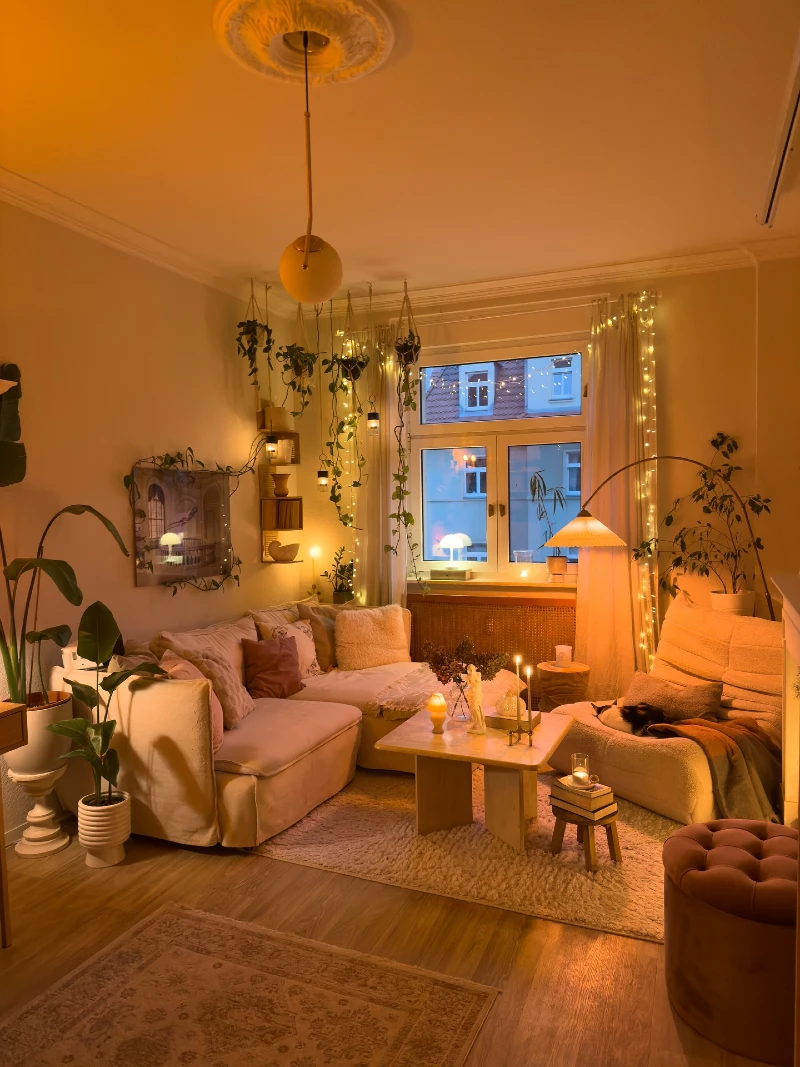 Fairy Light Plant Corner Living Room with Candlelit Warm Evening Glow