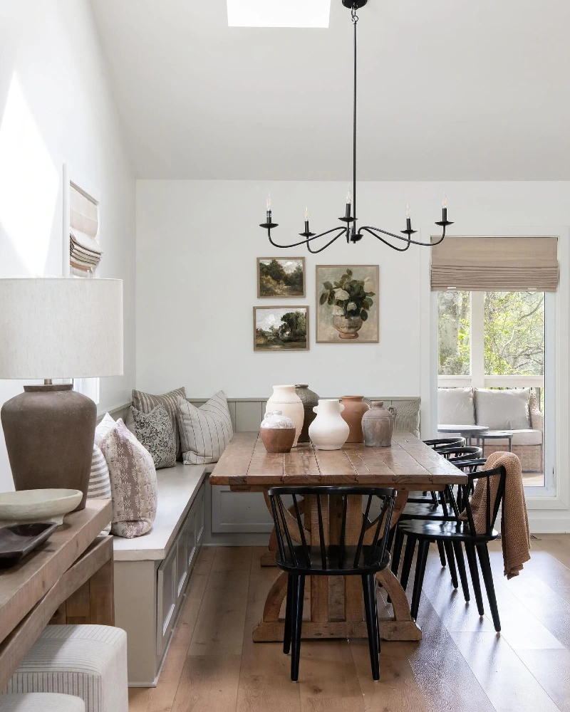 Farmhouse Bench Wall with Plank Table and Black Windsor Chairs