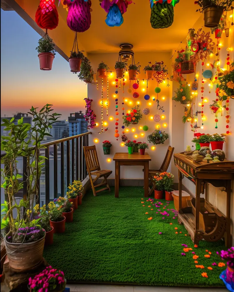 Festive Glow Balcony Garden with Hanging Lantern Planters and Green Turf Floor
