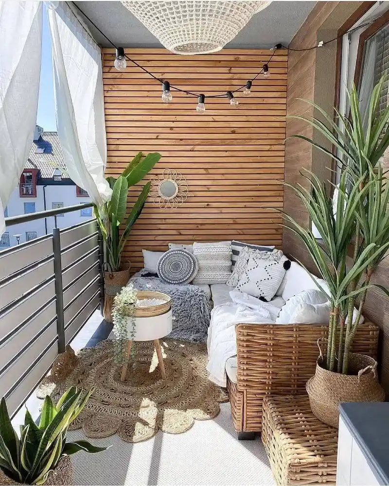 Floating Lounge Bed with Slatted Wood Feature Wall and Canopy Light Glow
