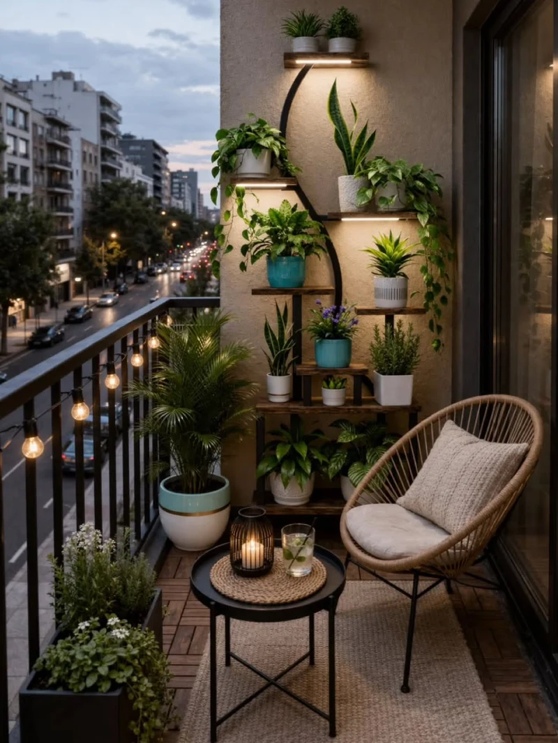 Floating Vertical Plant Wall with Warm Shelf Lighting