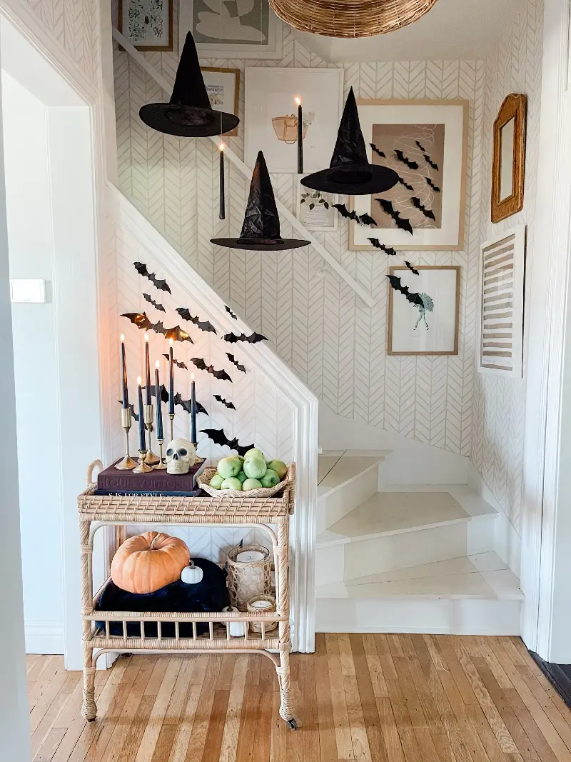 Floating Witch Hats and Bat Swarm Staircase Entryway