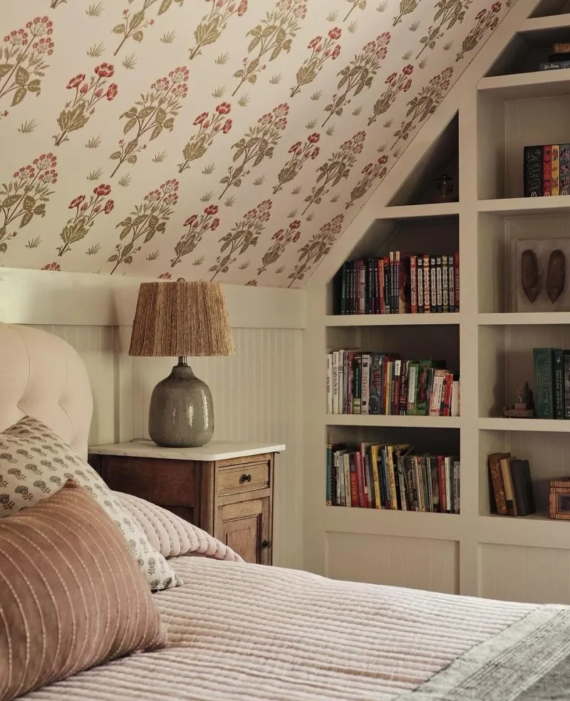 Floral Print Incline with Custom Stepped Bookshelf and Woven Lamp