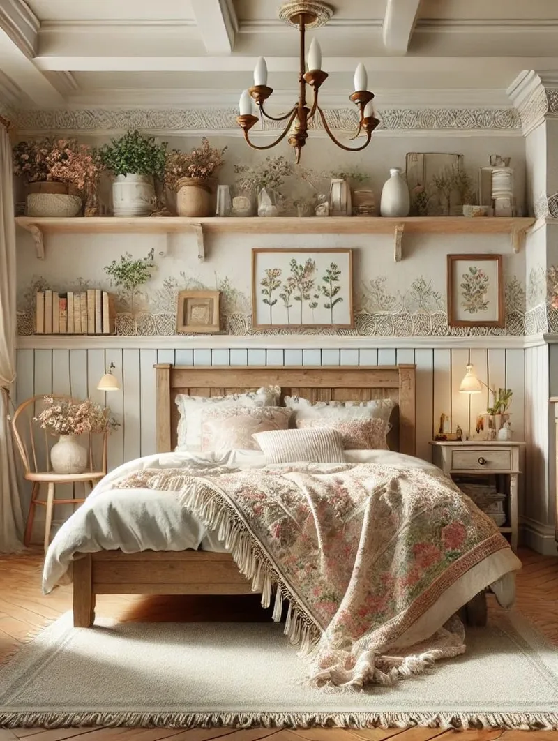 Floral Quilt Bed Beneath Botanical Shelf