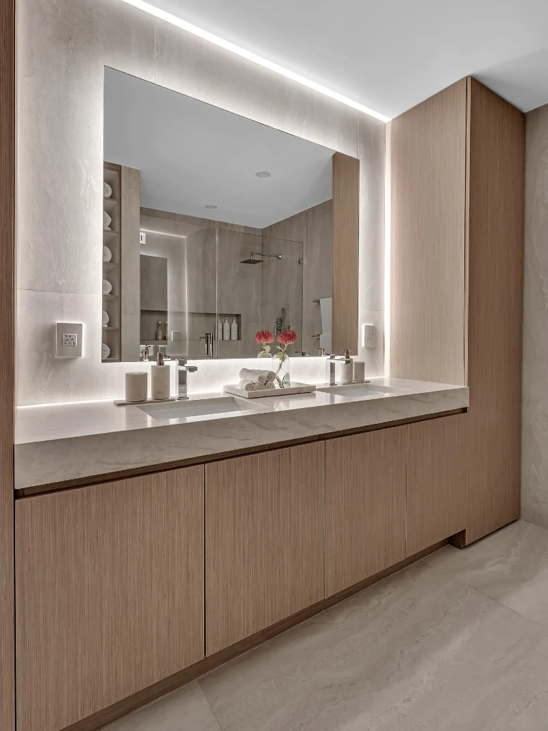 Fluted Oak Double Vanity with Backlit Floating Mirror and Stone Dispensers