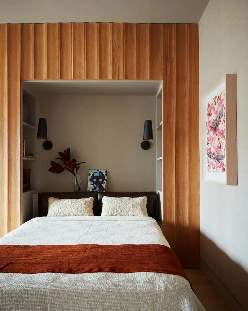 Fluted Timber Archway with Recessed Matte Black Sconces and Rust Linen Runner