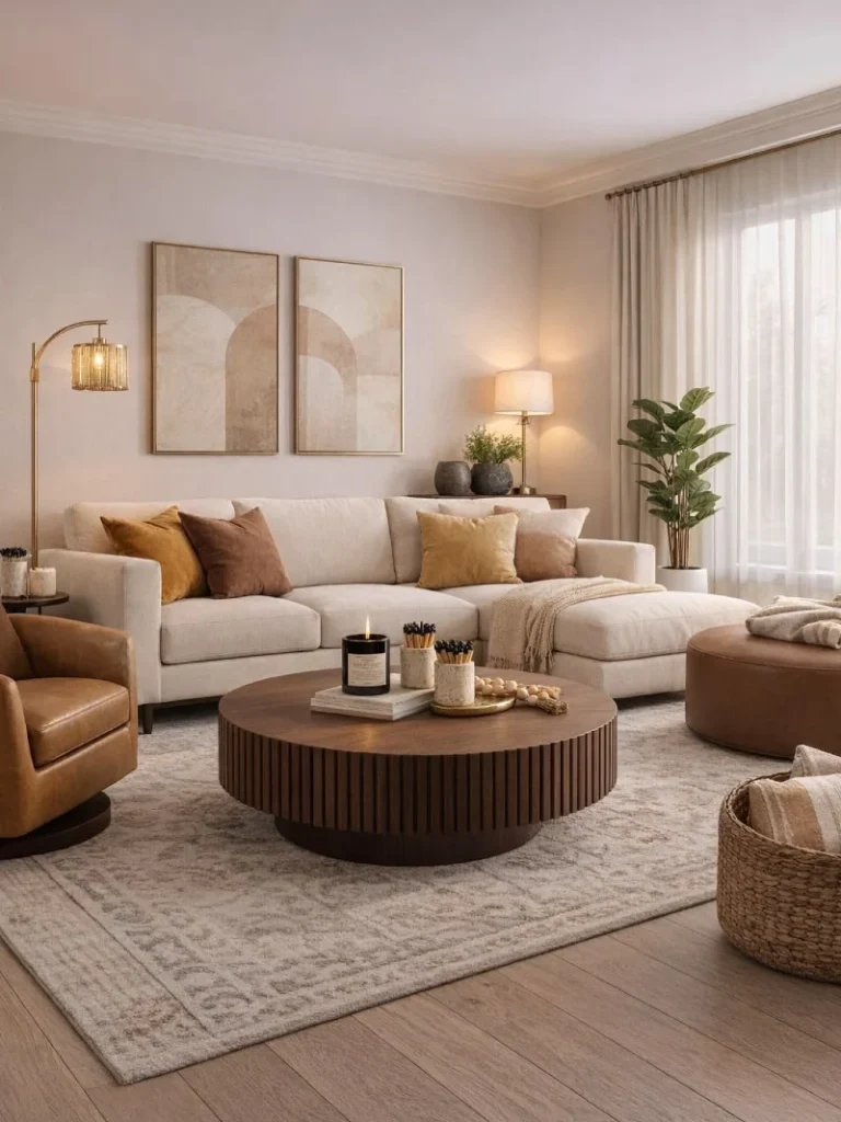 Fluted Walnut Coffee Table with Tan Leather Swivel Chair and Arch Art