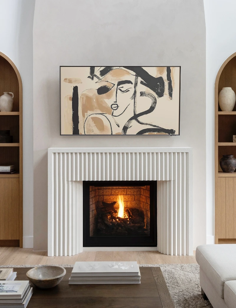 Fluted White Fireplace with Abstract Art Screen and Arched Wood Shelves