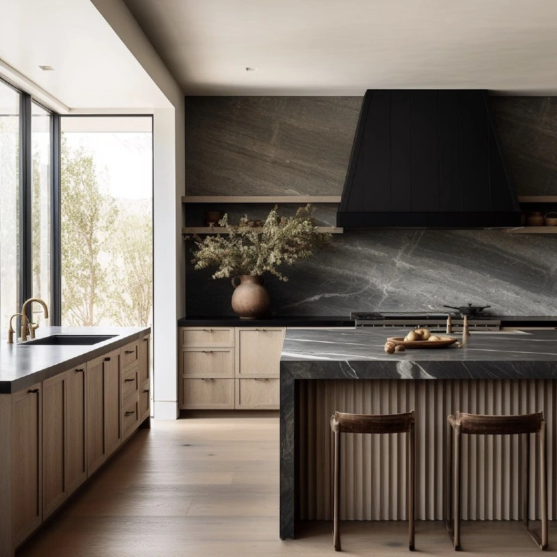 Fluted White Oak Island With Charcoal Quartzite Waterfall and Matte Black Range Hood