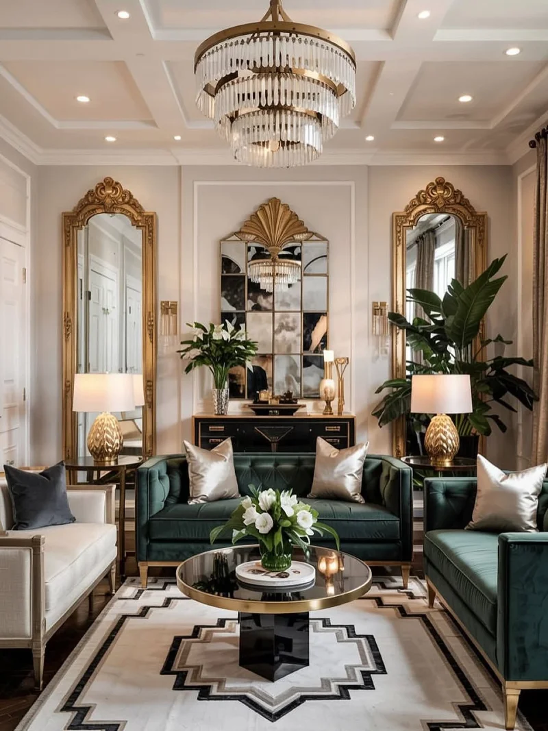 Forest Green Velvet Sofas with Ornate Gilt Mirrors, Greek Key Rug, and Tiered Glass Chandelier