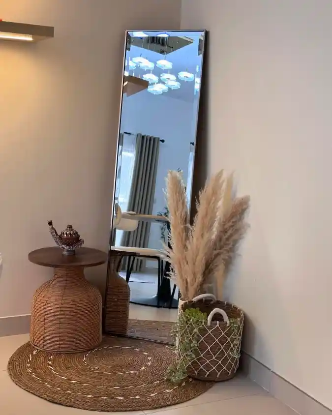 Full-Length Leaning Mirror with Woven Rattan Accent Table
