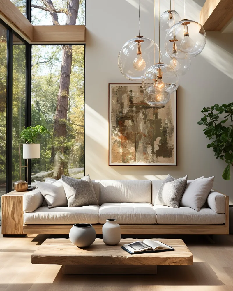 Glass Globe Pendants Above a Low Wood Sofa and Slab Coffee Table
