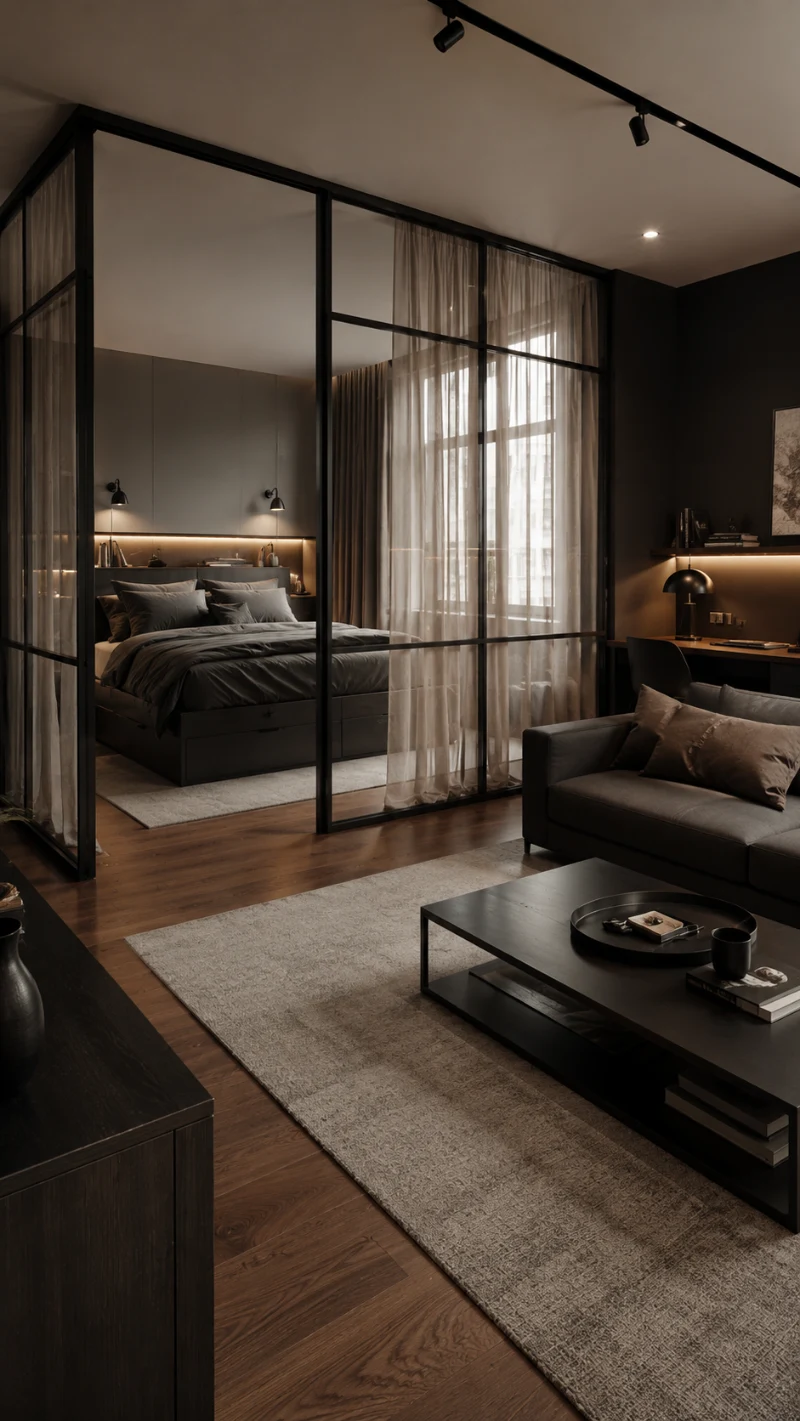 Glass Partition Studio with Built-In Walnut Bed Platform and Hidden Workspace Wall