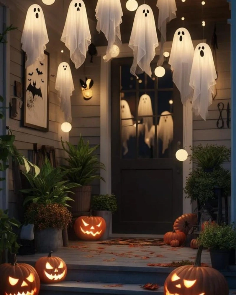 Glowing Hanging Ghosts and Lit Jack-o'-Lantern Porch