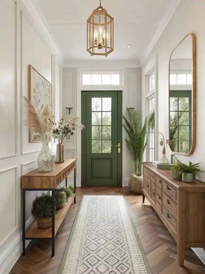 Grand Hallway with Sage Green Door and Long Patterned Runner
