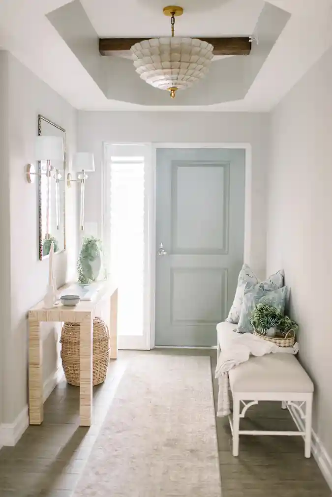 Grasscloth Console with a White Faux-Bamboo Bench