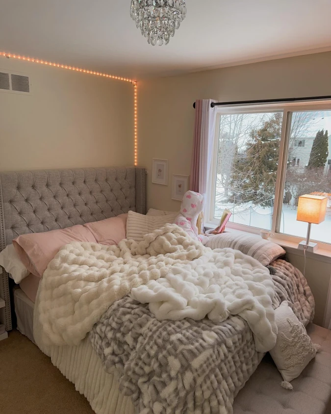 Gray Tufted Bed with Window Reading Spot