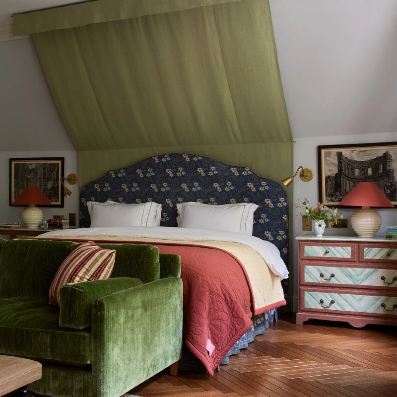 Green Canopy Incline Fabric with Blue Floral Headboard and Velvet Sofa