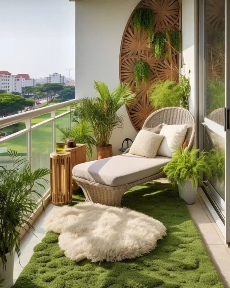 Green Carpet Balcony Lounge with Soft Rug Layers and Hanging Chair Calm