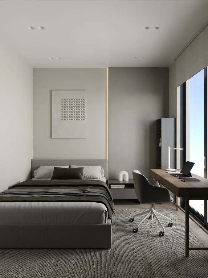 Greige Study Bedroom with Linear Desk and Soft Wall Glow