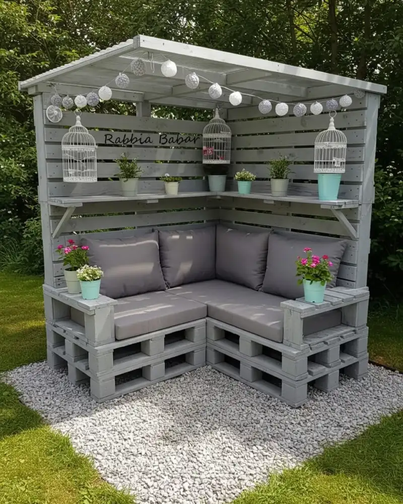 Grey Painted Wooden Pallet Cabana with Gravel Base