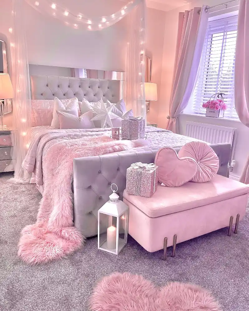 Grey Tufted Velvet Bed with Fairy Light Canopy and Storage Bench