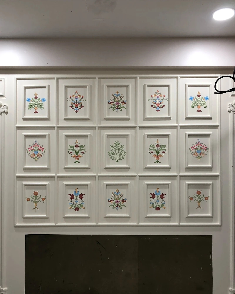 Grid Wall Molding with Hand-Painted Folk Floral Crests