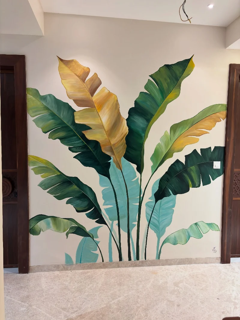 Hand-Painted Golden and Emerald Banana Leaf Mural