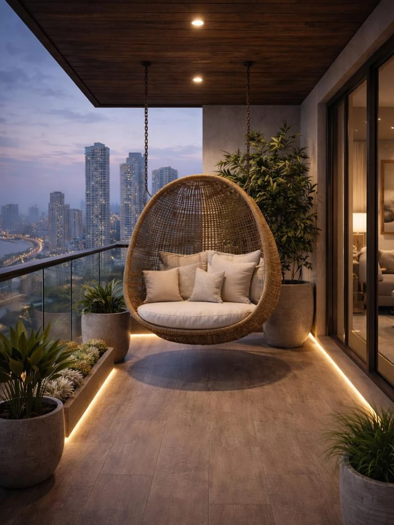 Hanging Egg Chair Balcony with Warm Ceiling Lighting and Vertical Green Corner