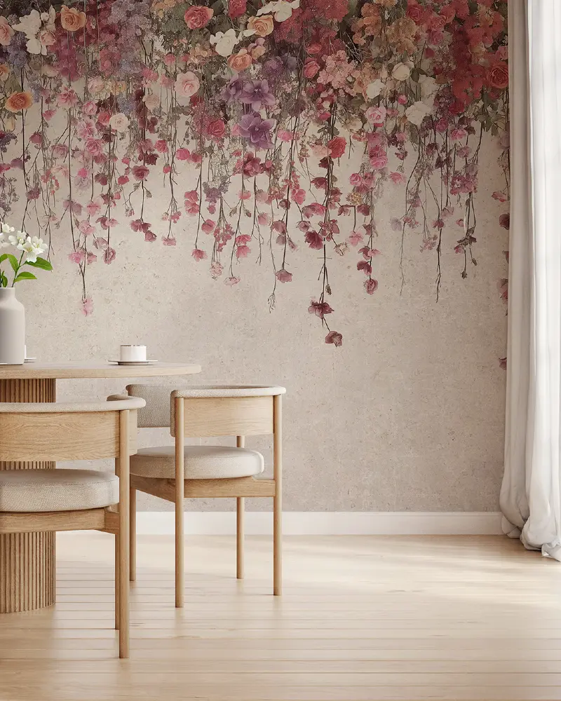 Hanging Floral Garland Wallpaper Mural in Minimalist Dining Room
