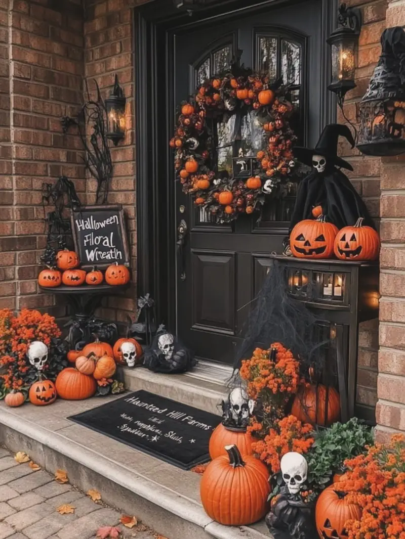 Harvest Pumpkin Stoop with Floral Wreath and Skulls