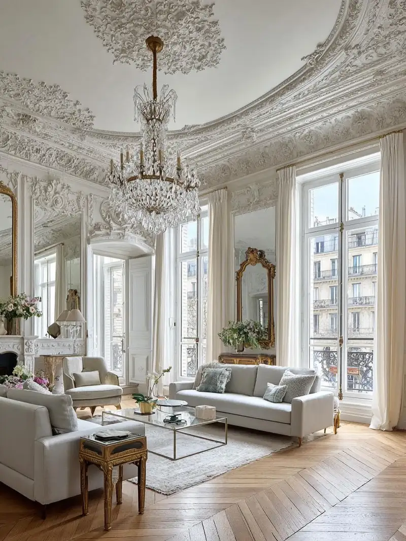 Haussmann-Style Plaster Molding Salon with Crystal Chandelier, Cream Drapes, and Chevron Parquet Floors