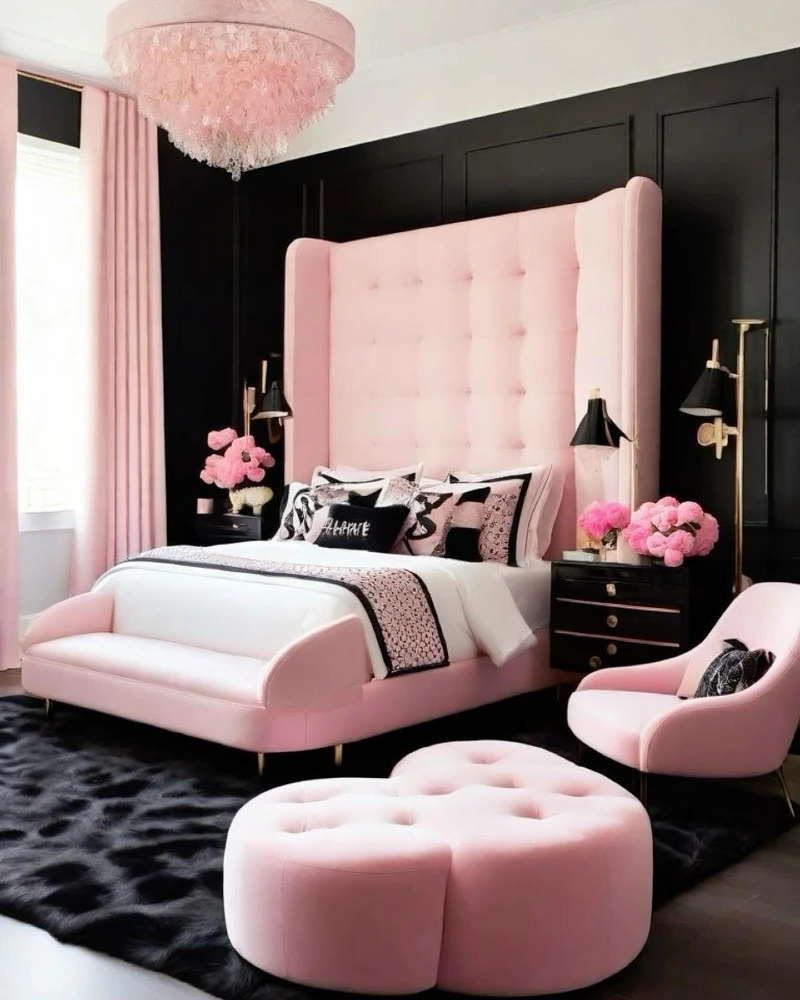 High-Contrast Black Paneled Wall with Soaring Pink Headboard