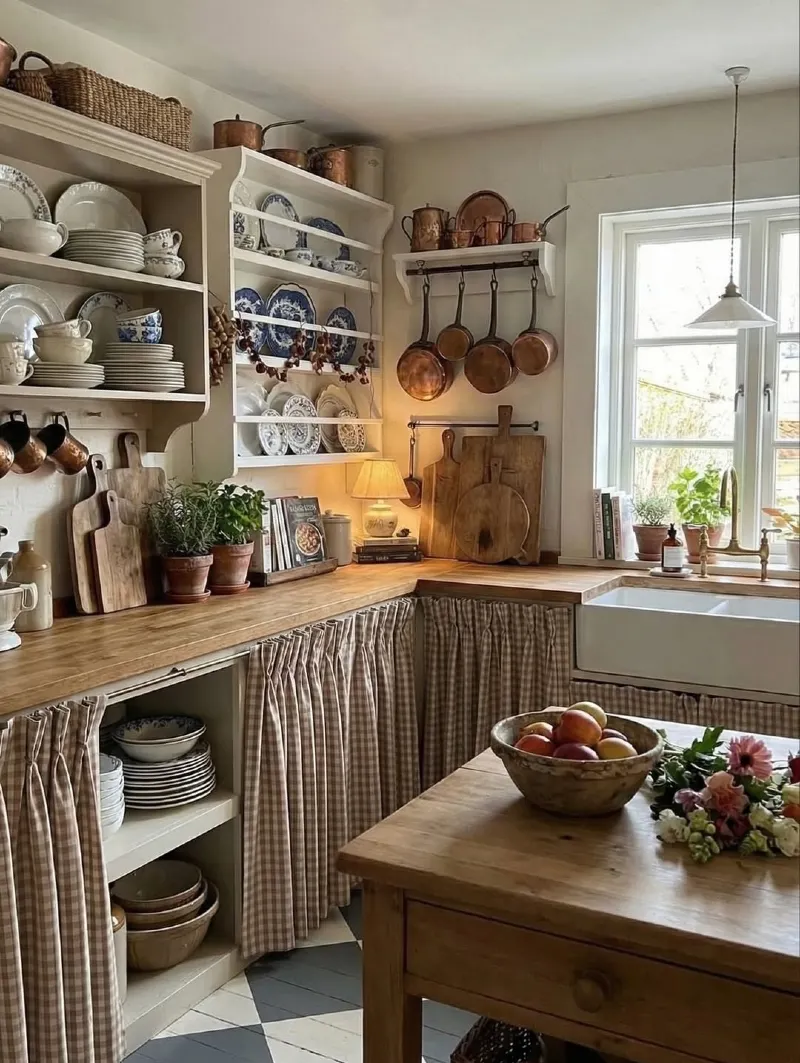 High Display Racks with Copper Cookware, Gingham Skirting, and Vintage Blue Plates