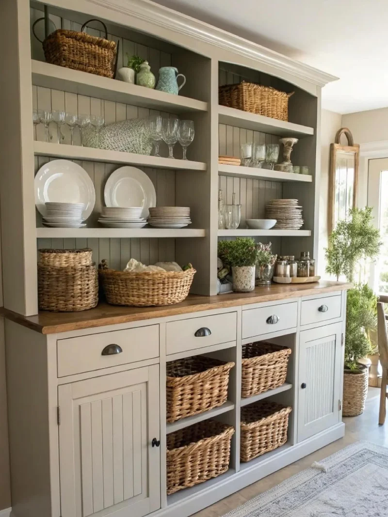 High Hutch Shelves with Chunky Woven Baskets and Speckled Ceramic Pitchers
