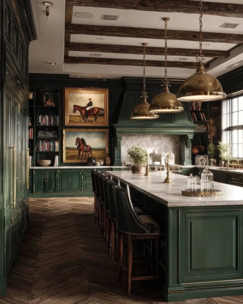 Hunter Green Paneled Cabinetry With Oversized Brass Pendants and Equestrian Artwork