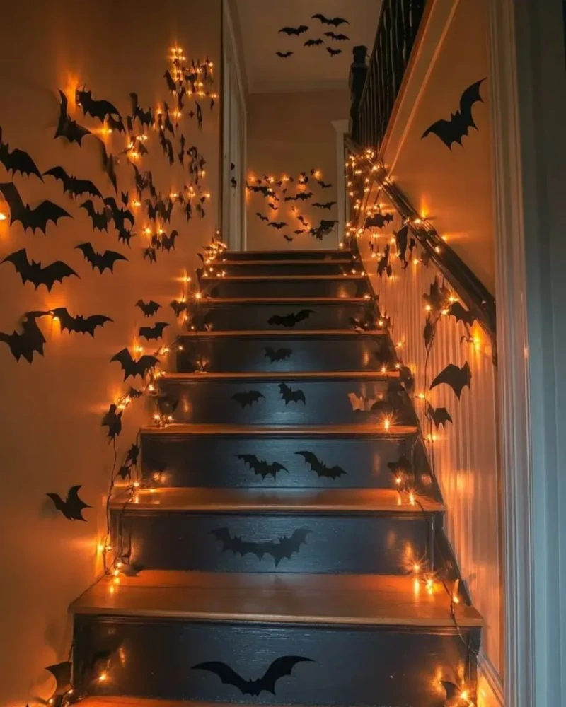 Illuminated Bat Swarm Staircase with Black Risers