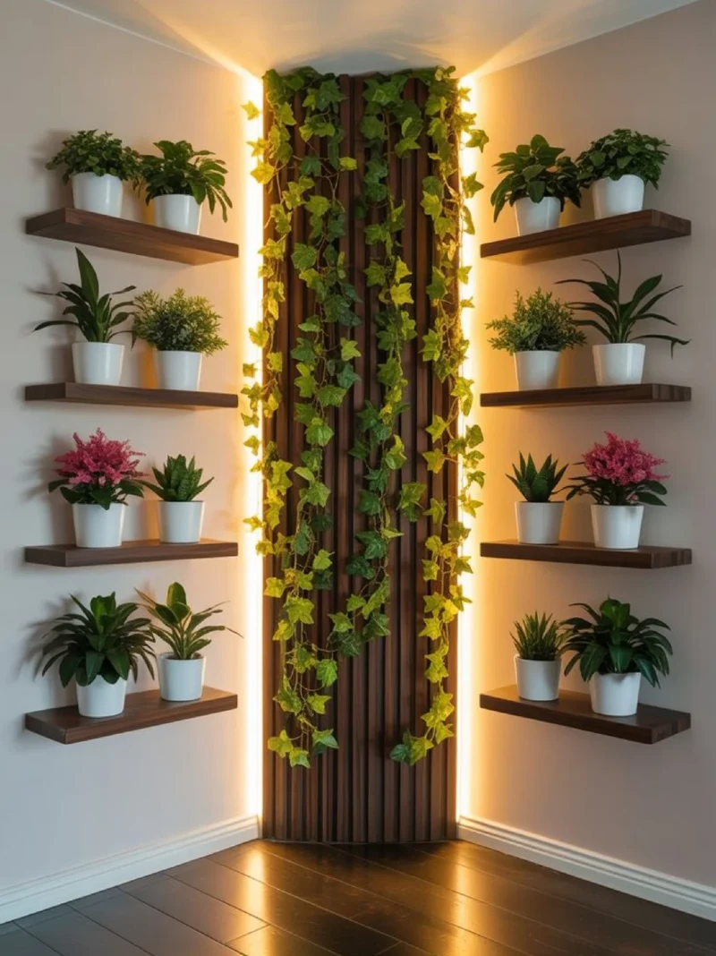 Illuminated Slat Wall Corner with Symmetrical Floating Shelves