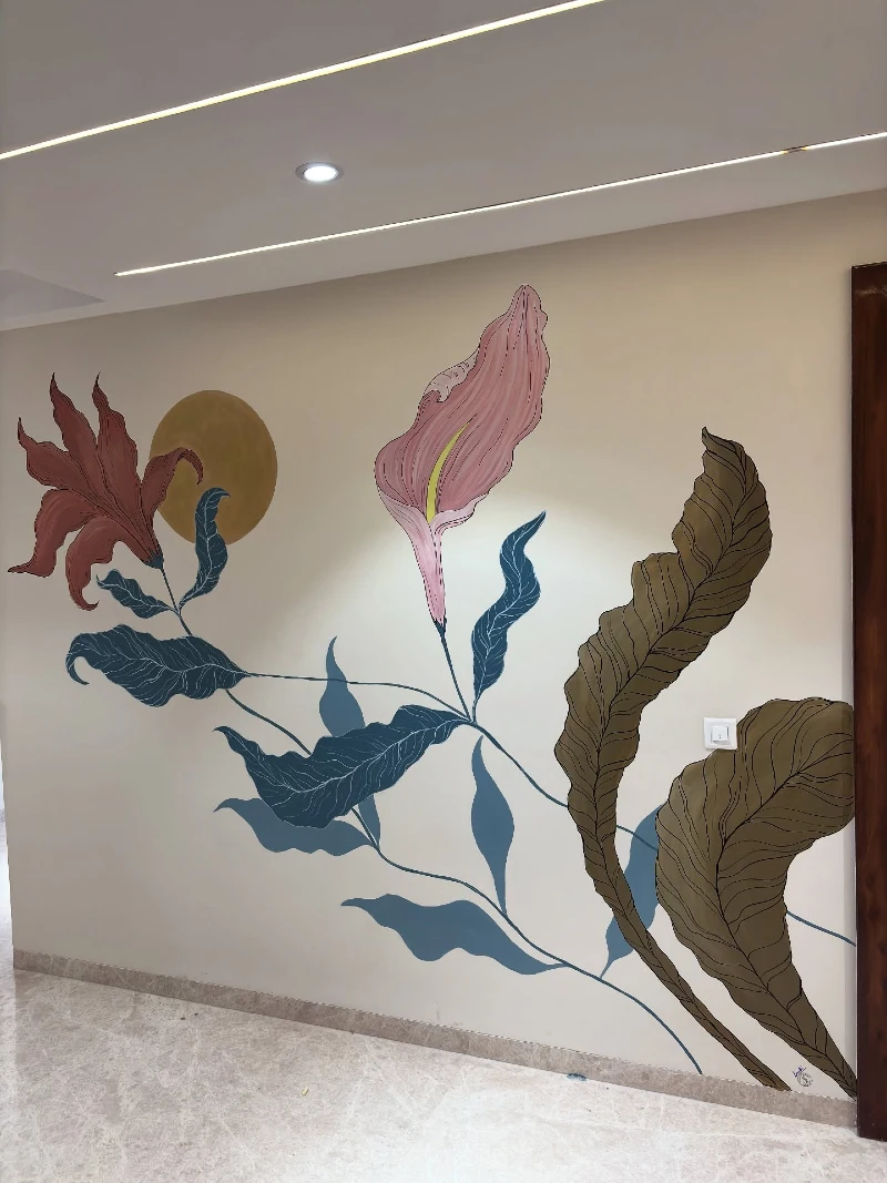 Illustrative Lily and Calla Floral Mural with Golden Sun