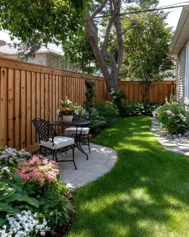 Intimate Bistro Set on Curved Paver Patio with Tall Wooden Fence