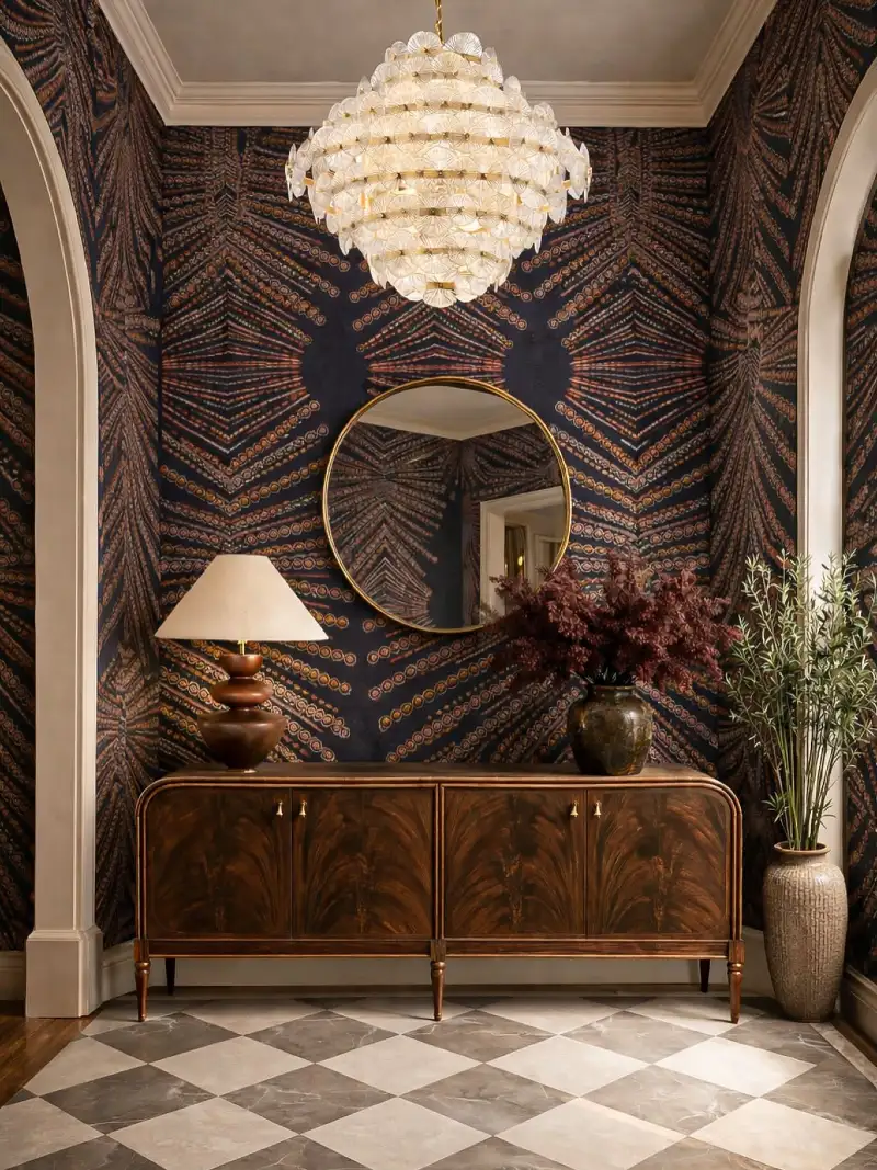 Intricate Chevron Burl Credenza with Moody Geometric Wallpaper and Scalloped Glass Chandelier