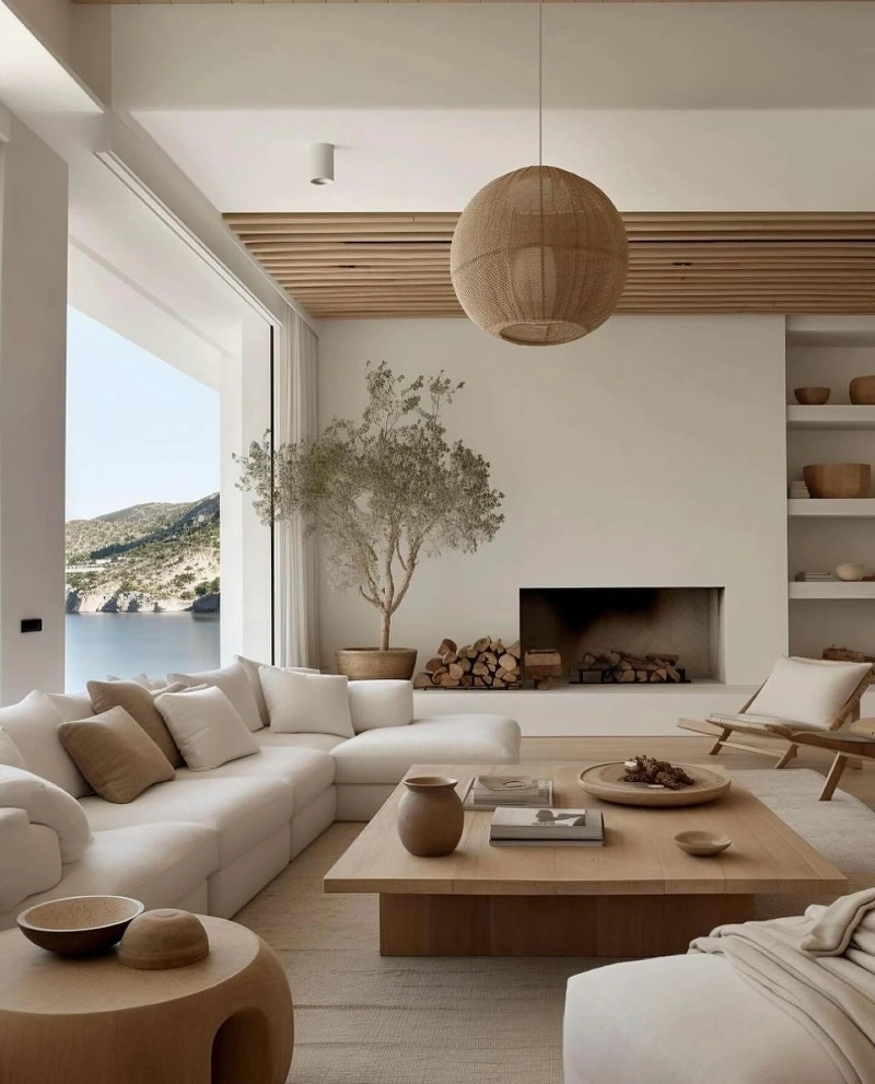 Lake View Living Room with Slatted Ceiling and Woven Globe Pendant