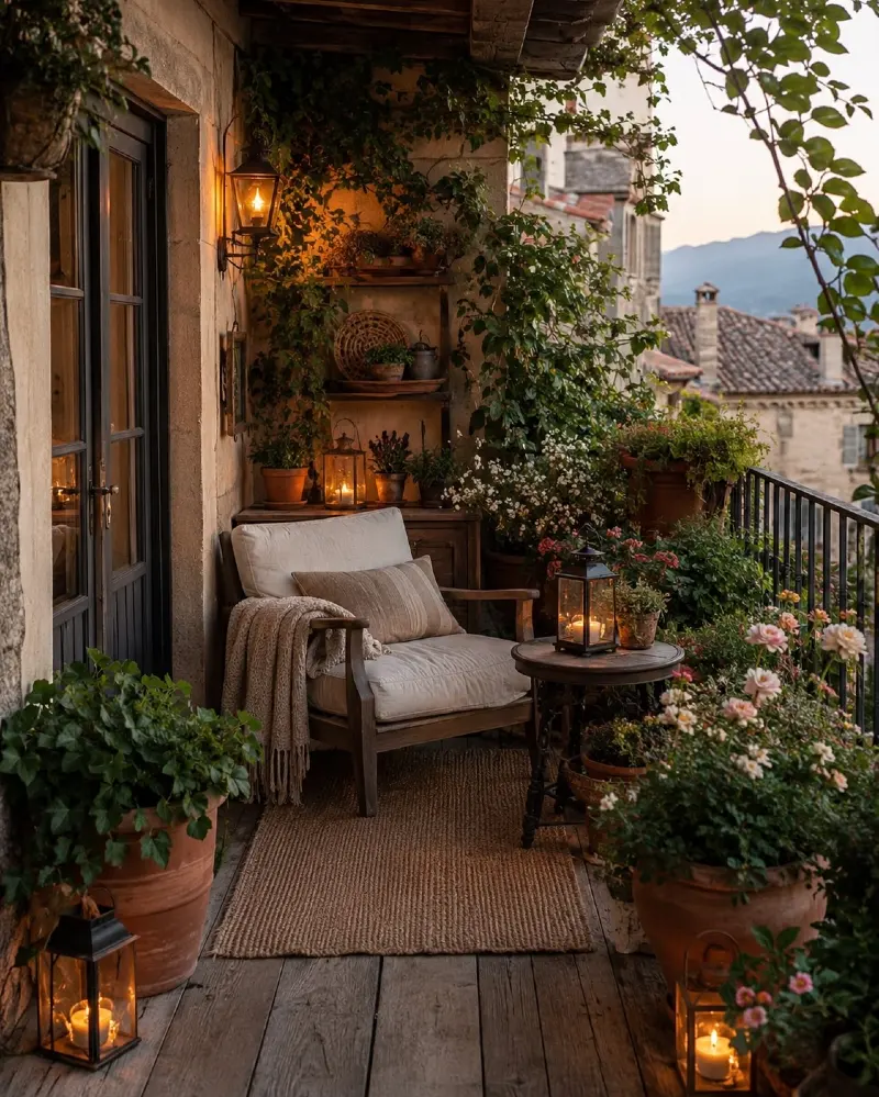  Lantern-Lit Cottage Balcony with Overflowing Greenery