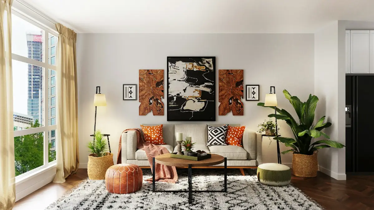 Layered Art Wall with Earth Tone Accent Pillows