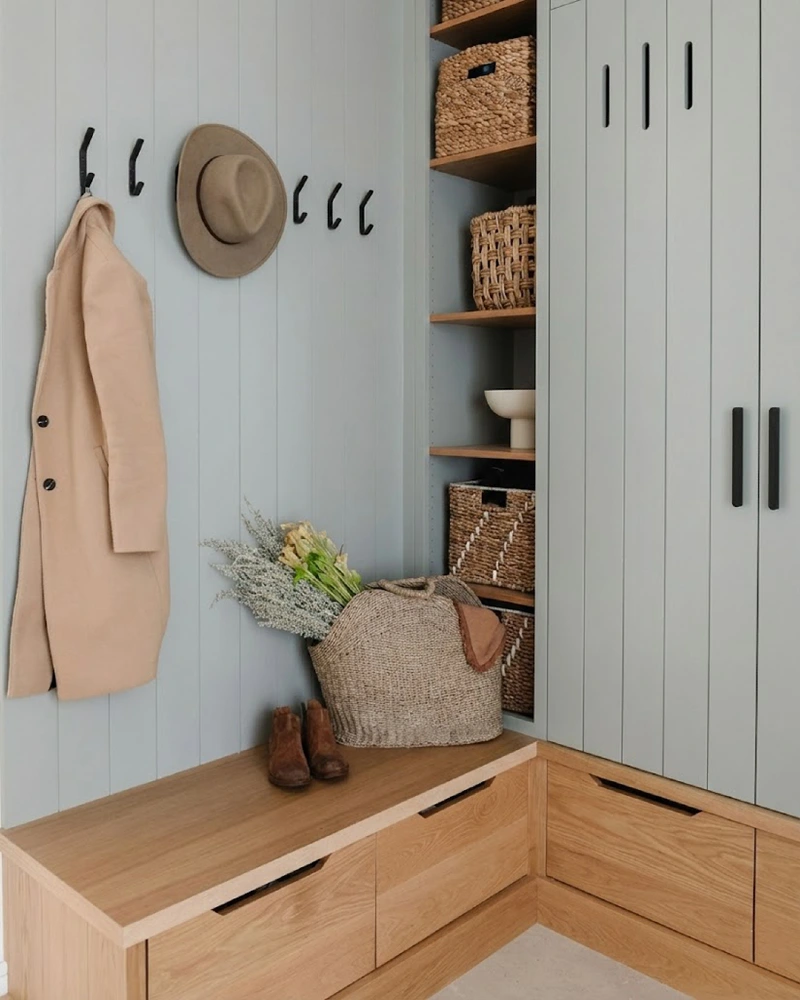 Light Blue Shiplap Wall with L-Shaped Oak Bench and Integrated Wardrobes